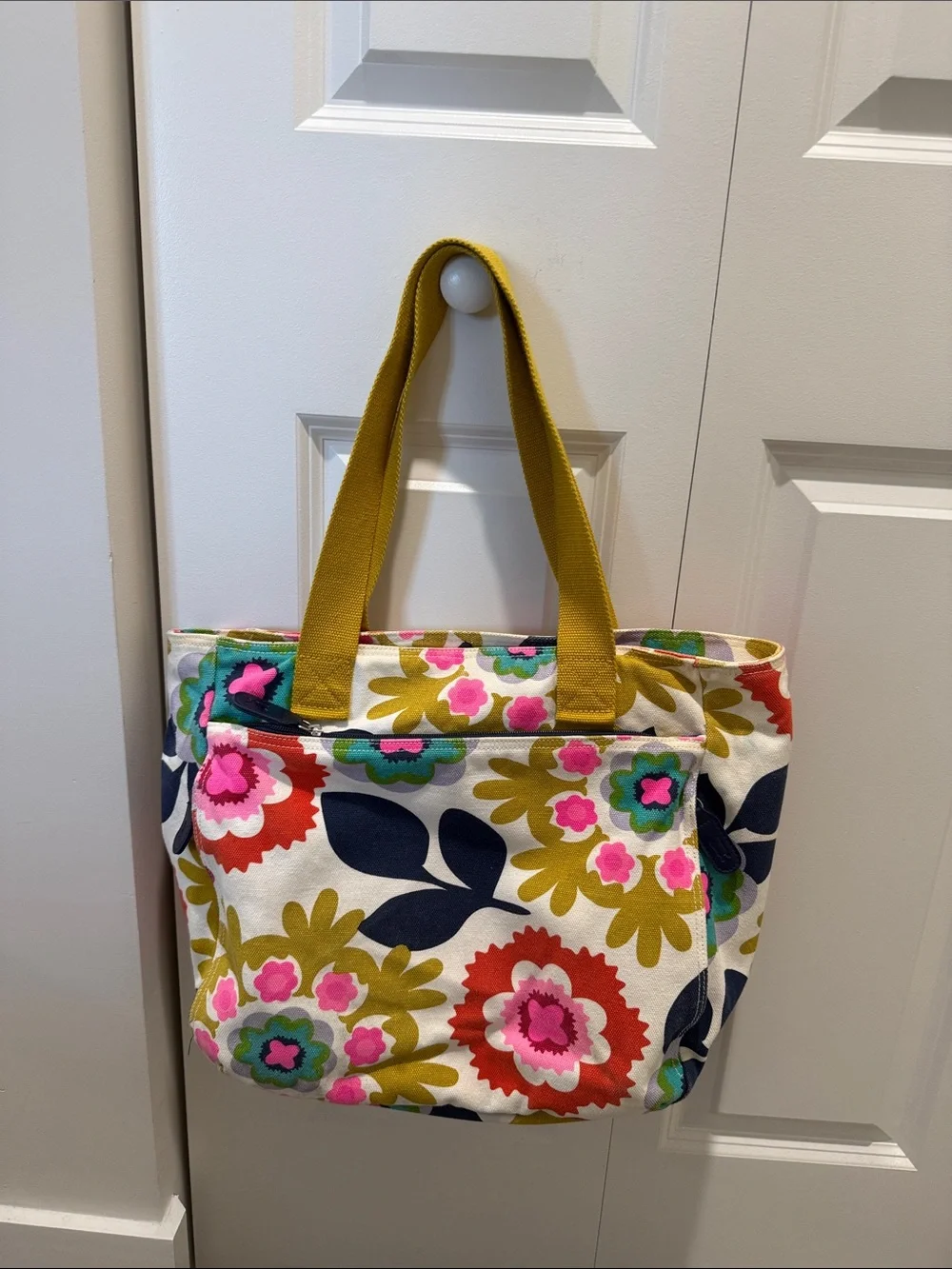 Floral Canvas Tote Bag with Mustard Handles